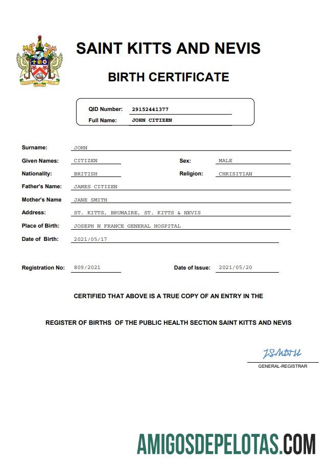 Em branco modelo Word e PDF de certidão de nascimento de registro vital de São Cristóvão e Nevis